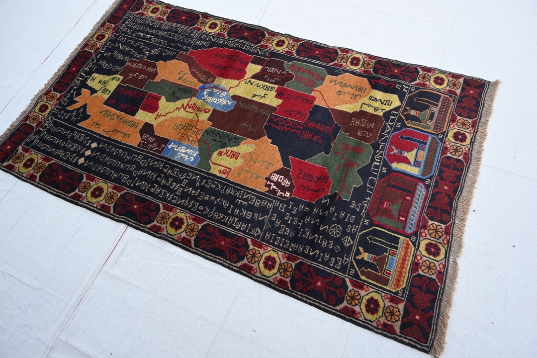 Afghanistan Map Rug 3'6x5'11 Ft Vintage Afghan Hand Knotted Rug, Rug ...
