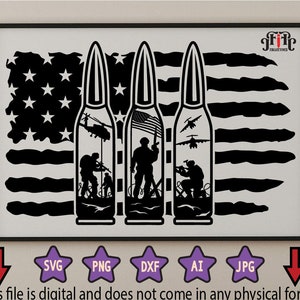 May include: Black and white silhouette design of three soldiers standing in front of an American flag with bullets behind them. The design is perfect for a patriotic themed craft project.
