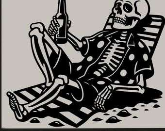 Beach Vibes Skeleton SVG, Coastal Skeleton with Beer Bottle, Skeleton Enjoying a Beer SVG, Summer Beach Vibes SVG,Beach Bum ,svg dxf png jpg