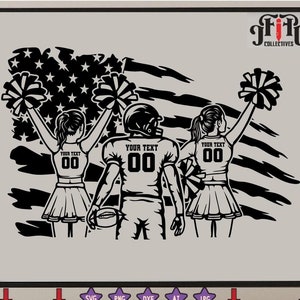 May include: Black and white illustration of a football player and two cheerleaders in front of a distressed American flag. The cheerleaders are holding pom-poms and the football player is holding a football. The text "YOUR TEXT" and "00" are on the uniforms.
