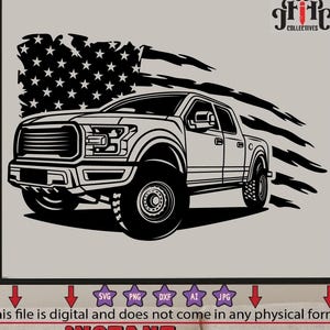 May include: A black and white illustration of a pickup truck with an American flag in the background. The truck is facing the viewer and has a large, bold design.
