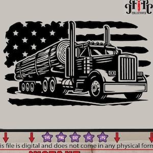 May include: Black and white silhouette of a semi-truck hauling logs, with an American flag background. The truck is driving to the right. The text "JHC COLLECTIVES" is in the upper right corner.