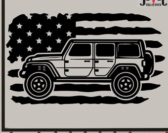 May include: Black and white silhouette of a Jeep with an American flag background. The Jeep is facing right and has a black tire with a white rim. The American flag is in the background and has red and white stripes with white stars.