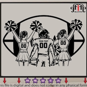 May include: Black and white silhouette of a football player with two cheerleaders. The football player is wearing a jersey with the text "YOUR TEXT 00" on the front. The cheerleaders are holding pom-poms and wearing skirts with the text "YOUR TEXT 00" on the front. The image is set against a football field.