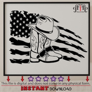May include: A black and white illustration of a pair of cowboy boots and a cowboy hat in front of an American flag.