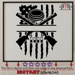 May include: Black and white silhouette of two shotguns crossed over each other with a clay pigeon in the center. The shotguns are positioned over a distressed American flag design. The text "File Collectives" is in the upper right corner of the image.