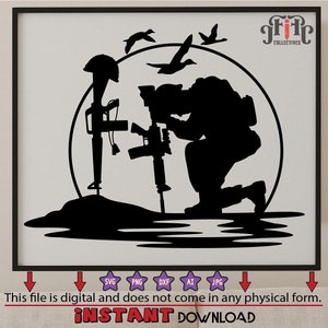 Soldado arrodillado rezando en un monumento Svg Archivo / Soldado caído Svg / Arrodillado en un monumento Svg / Soldado arrodillado rezando / Archivos cortados