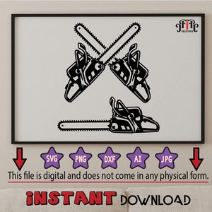 May include: A digital download of a black and white illustration of two crossed chainsaws. The image is framed in a white frame with a black border. The text "gfile COLLECTIVES" is in the top right corner of the image.