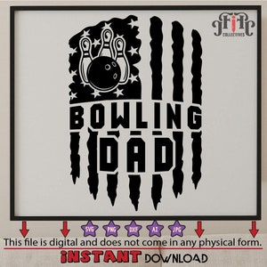 May include: Black and white digital design of a bowling ball and pins with an American flag design and the text "BOWLING DAD".