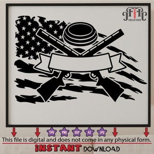 May include: Black and white silhouette of two crossed shotguns with a clay pigeon target and a banner with space for text, all superimposed on a distressed American flag design.