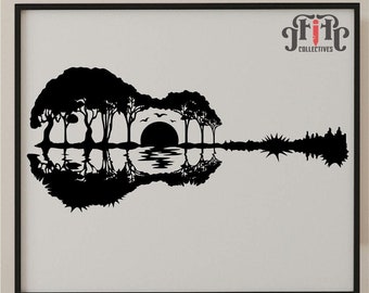 Guitar Silhouette SVG , Nature in Shape of Guitar, Guitar Sunset, Music Lover, Guitar Drawing Cut File, 3d guitar svg