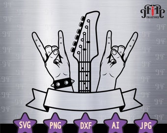 Musique rock and roll SVG | Guitare SVG | Roche signe de la main Svg | Rock'n'roll SVG | Bascule Svg | Svg métal lourd | Téléchargement instantané, PNG Dxf Eps