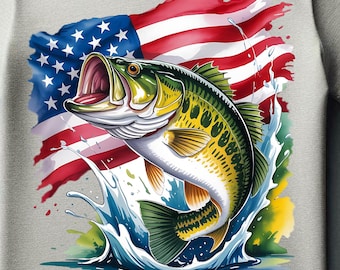 Patriotic Bass Fish Jumping PNG | American Flag Bass Fish Clipart | Fishing Digital Download | Transparent Background