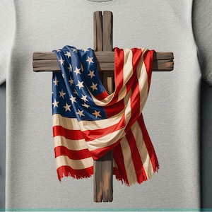 Rustic US Religious Wooden Cross with American Flag PNG | Patriotic Christian Wall Art | Faith & Freedom Decor