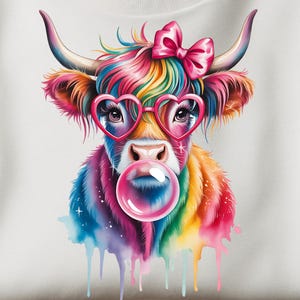 Highland Cow Blowing Bubble Gum PNG | Cute Highland Cattle Clipart | Funny Cow Digital Download | Whimsical Animal Illustration