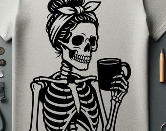 Female Skeleton with Coffee SVG | Halloween Coffee Lover Clipart | Spooky Skeleton Drinking Coffee Digital Download