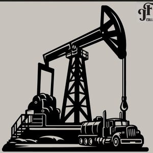 May include: Black and white silhouette of an oil rig with a truck and a tank. The rig is pumping oil and the truck is transporting it. The image is a digital download.