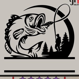 May include: Black and white silhouette of a fish jumping out of the water with a fishing rod and line. A silhouette of a person fishing in the background. The image is set against a circle with trees.