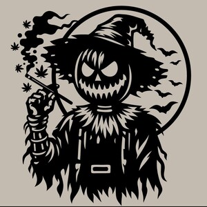 Könnte beinhalten: Schwarz-weiße digitale Illustration einer rauchenden Vogelscheuche mit Kürbisgesicht, Hut und Fledermäusen. Der Text unten lautet: "This file is digital and does not come in any physical form. INSTANT DOWNLOAD."