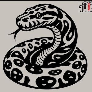 May include: Black and white illustration of a snake curled up in a circle. The snake has a patterned design on its body.