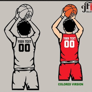 Puede incluir: Un diseño digital de un jugador de baloncesto lanzando una pelota de baloncesto. El jugador lleva una camiseta roja con el texto "YOUR TEXT 00" en la espalda. El diseño está disponible en una versión a color y en blanco y negro.