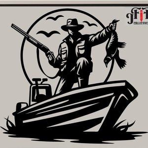 Duck Hunter Delight: Boat, Aim, Catch - SVG Design for Outdoor Enthusiasts!, Quack-tastic Adventures,Duck Hunter on a Boat Bagging His Prize