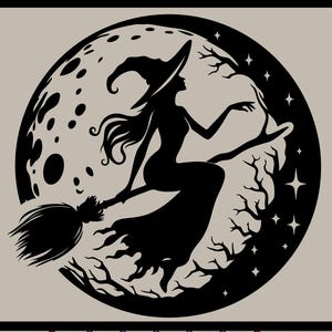 Mystical Witch Moon SVG | Magical Witch Silhouette with Crescent Moon Cut File | Halloween & Fantasy Craft Design
