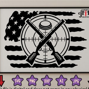 May include: Black and white silhouette of two crossed shotguns with a target and a clay pigeon in the center, superimposed on a distressed American flag design. The text "JFile COLLECTIVES" is in the upper right corner.