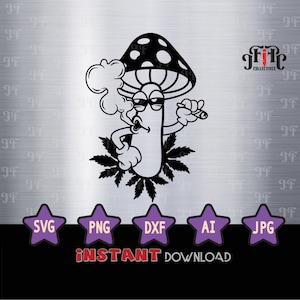 Peut inclure: Illustration en noir et blanc d'un champignon de dessin animé fumant une cigarette, entouré de feuilles de cannabis. Le champignon a un chapeau à pois et porte des lunettes de soleil. Le texte "INSTANT DOWNLOAD" et des icônes de type de fichier sont inclus.