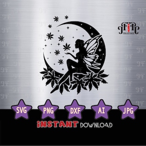 May include: Black and white silhouette of a fairy sitting on a crescent moon with a leafy design. The fairy is holding a star in her hand. The moon is surrounded by stars and leaves.