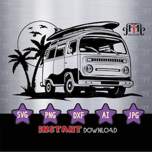Surfing Van svg | Vintage Summer Vehicle Clipart | Palm Beach Cut File | Surf Board Stencil | Hello Summer Vibes Cut File | Salt Life
