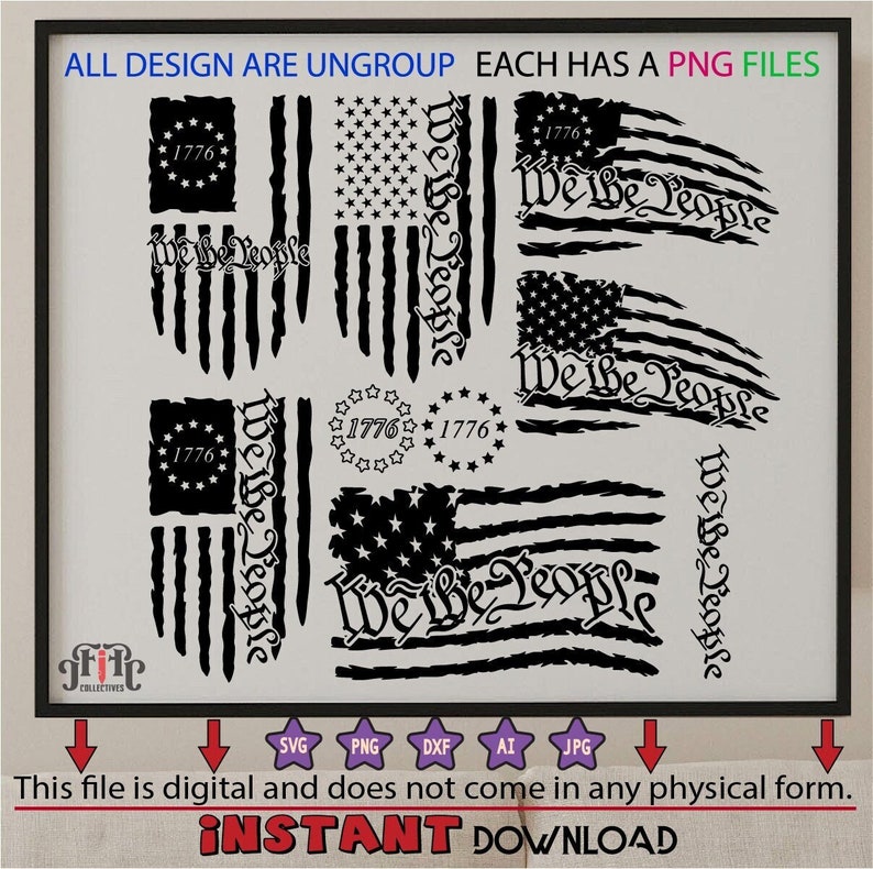 Puede incluir: Un conjunto de ocho dise&ntilde;os digitales en blanco y negro que presentan la bandera estadounidense con las palabras "We the People" y "1776".
