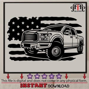 May include: Black and white illustration of a pick-up truck driving in front of an American flag. The truck has large tyres and a black grille.