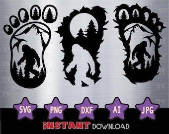 Könnte beinhalten: Ein digitaler Download von drei Schwarzweiß-Silhouettenbildern eines Bigfoot-Fußabdrucks, eines Bigfoot, der durch den Wald geht, und eines Bigfoot, der durch den Wald geht, mit einem Vollmond im Hintergrund. Die Bilder sind in den Formaten SVG, PNG, DXF, AI und JPG verfügbar. SOFORTIGER DOWNLOAD.