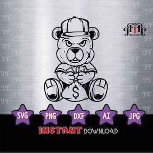 Gangster Teddy Money Svg, Clipart di banconota da un dollaro, Teddy con file tagliato a occhio in USD, stencil per borsa di denaro, design t-shirt Rick Kid Cool, Dxf, png