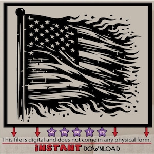 May include: A black and white illustration of an American flag with flames. The flag is tattered and torn, with the flames coming from the edges.
