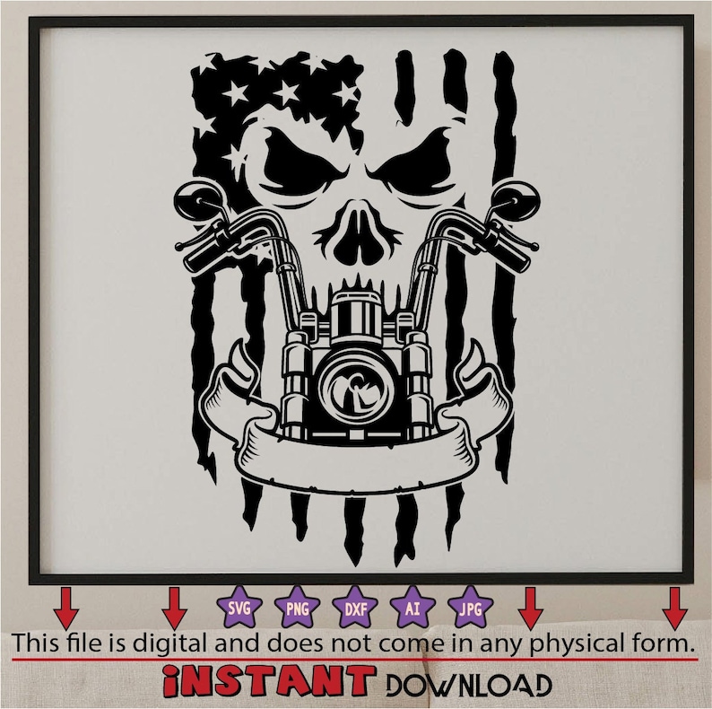 May include: Black and white illustration of a skull with a motorcycle handlebar and engine, superimposed on an American flag. The skull has a fierce expression and the motorcycle engine is detailed. The image is suitable for use as a digital download.
