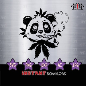 May include: A black and white illustration of a panda smoking a cigarette, with cannabis leaves. The image includes the text "INSTANT DOWNLOAD" and file type icons: SVG, PNG, DXF, AI, and JPG.