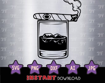 Whisky Glass with Cigar Svg | Whisky Glass Clipart | Cigar Cut File | Alcohol Drink Stencil | Whisky shirt Design | Beverage Dxf | Smoke Png