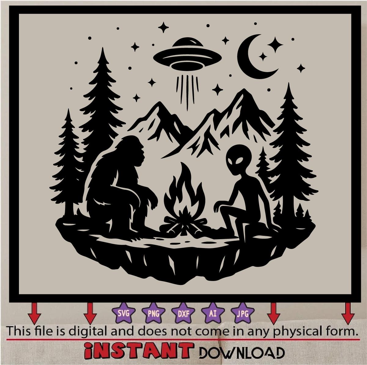 Alien and Bigfoot Bonfire SVG | Outdoor Camping Clipart | Funny Forest ...