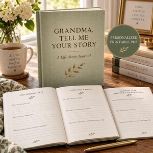 Può includere: Un diario con copertina rigida verde salvia intitolato Grandma, Tell Me Your Story: A Life Story Journal con un'illustrazione a foglia dorata. Il libro aperto mostra pagine con sezioni come Childhood Days, Love and Family e Wisdom.
