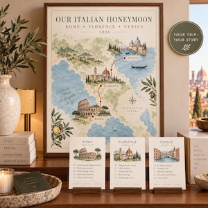 May include: A framed map print titled OUR ITALIAN HONEYMOON featuring Rome, Florence, and Venice with a red travel route line. Below are three itinerary cards for Rome, Florence, and Venice with checklists and illustrations of landmarks.