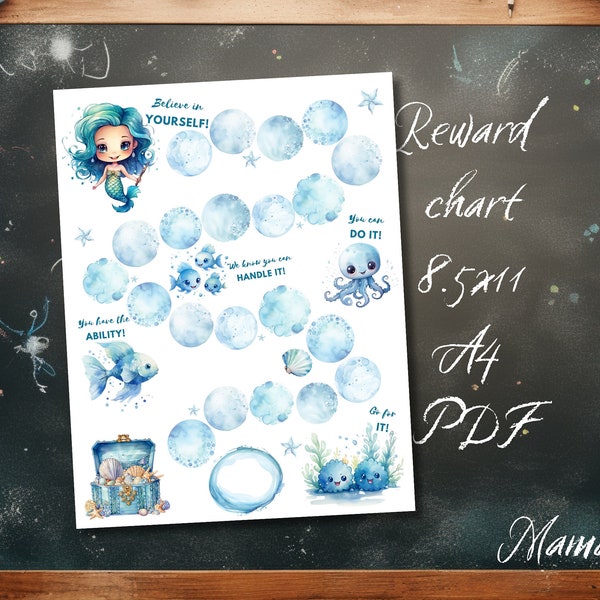 Printable Editable Mermaid Reward Chart | Watercolor Kids Behavior Chart | Instant Download Chart | Girls Behavior Chart