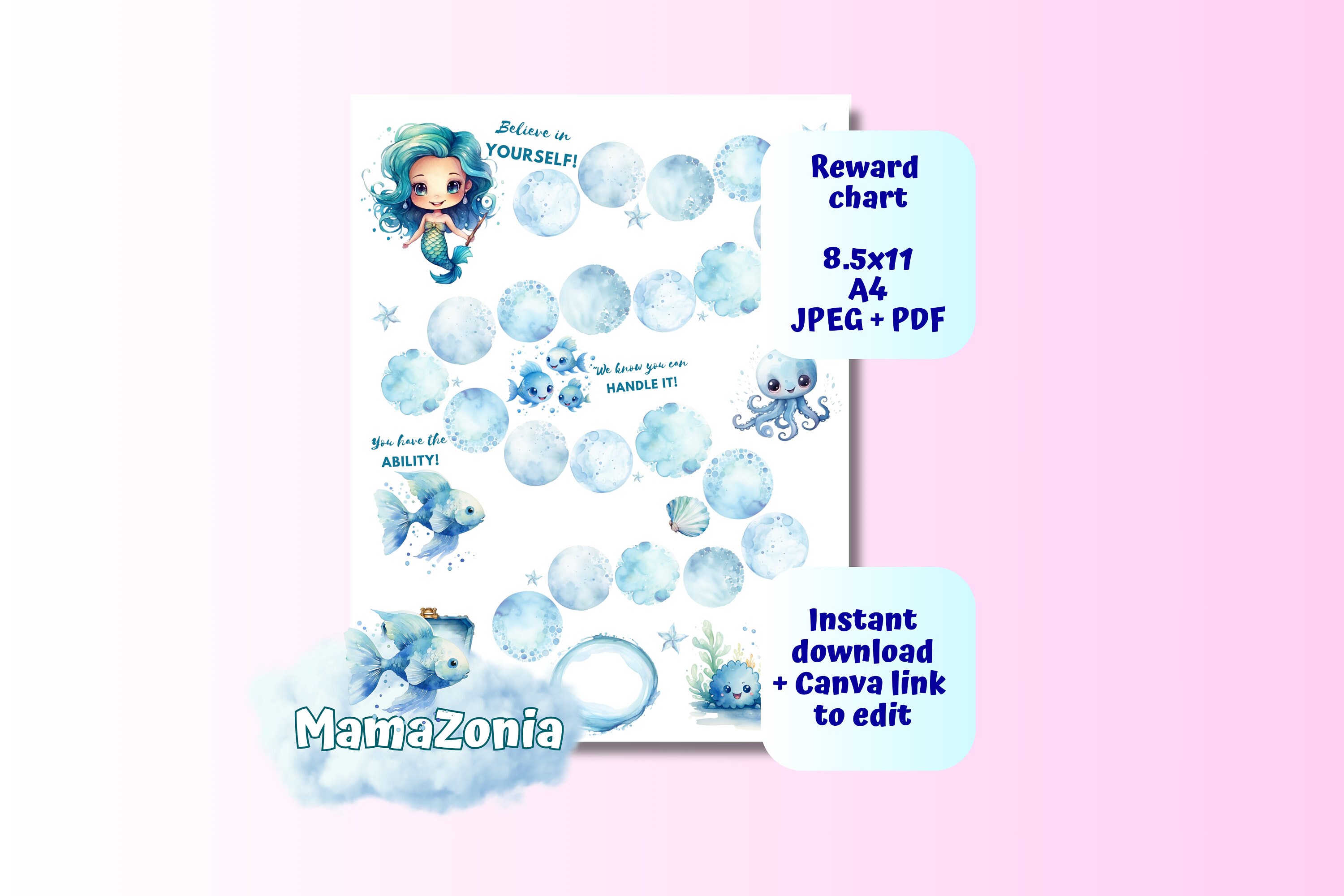 Printable Editable Mermaid Reward Chart Watercolor Kids Behavior Chart ...