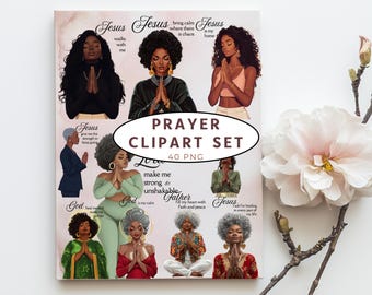 Może przedstawiać: Cyfrowy wydruk artystyczny z ilustracjami modlących się kobiet, z tekstem takim jak "Jezus" i "Prayer Clipart Set 40 PNG". Grafika ma miękką, akwarelową estetykę z neutralnym tłem.