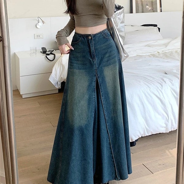 Boho-Chic Flared Long Denim Skirt with Raw Hem Detail