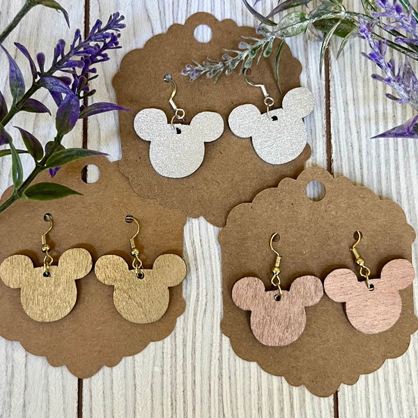 Super lightweight, comfy hand-painted metallic mouse head vacation-inspired wooden drop earrings - available in gold, rose gold, or silver