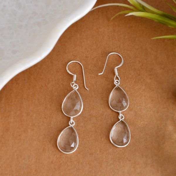 White crystal Stone Silver Earrings, 925 Sterling Silver Drop Earring, Handmade Gemstone Jewelry, Double Oval Shape Earring.