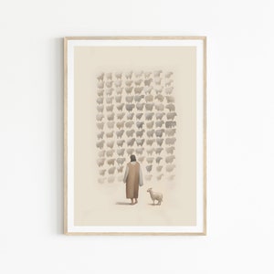 Könnte beinhalten: Ein Aquarellbild eines Hirten in einem braunen Gewand, der vor einer großen Herde Schafe steht. Der Hirte schaut auf ein einzelnes Schaf, das von der Herde getrennt ist.