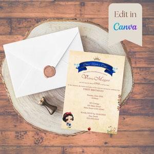 Primer cumpleaños de Blancanieves, Invitación de fiesta de descarga instantánea, Invitación de cumpleaños de Blancanieves, Editable en Canva, Tarjeta de invitación 5x7 en